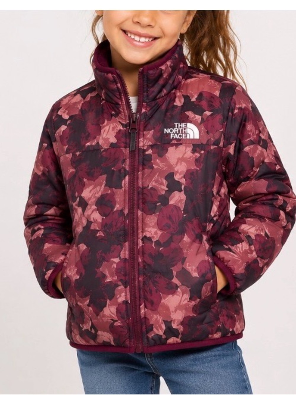 The North Face Girls Floral Print Puff Jacket in Plum & Black